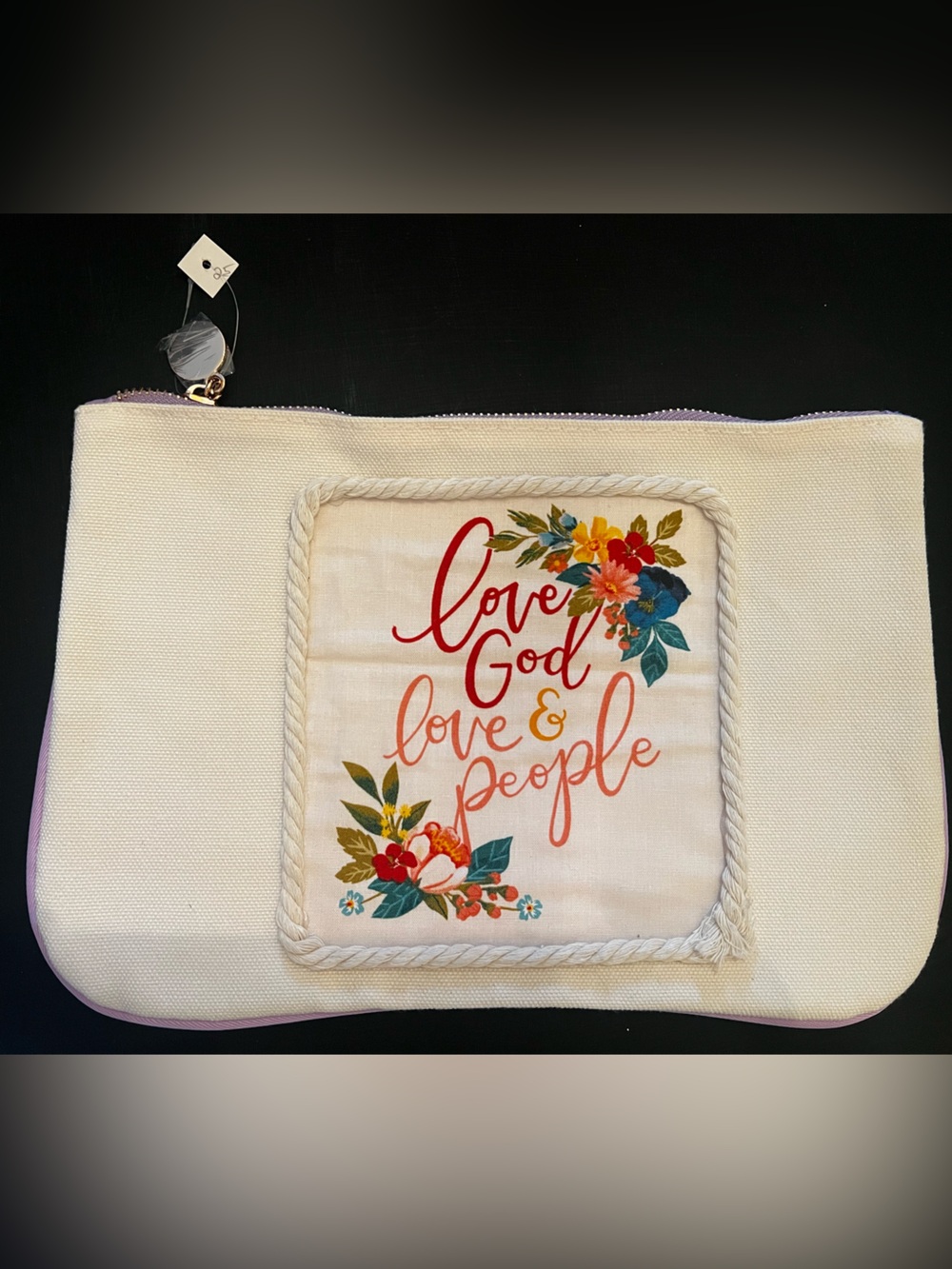 Love God Love People Floral Canvas Zipper Pouch - White